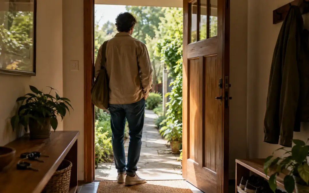 Personne prête à sortir qui hésite devant une porte ouverte.