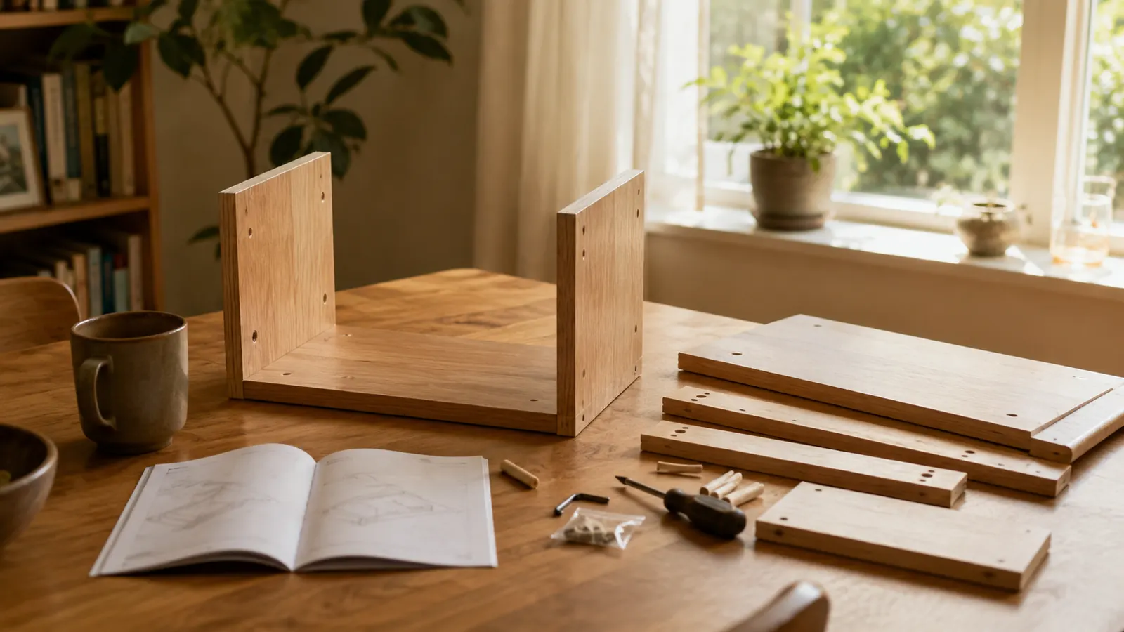 Première partie d’un petit meuble en kit déjà assemblée sur une table.