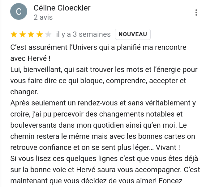 Témoignage de Céline Gloeckler concernant Hervé Kienlen - Thérapeute énergéticien